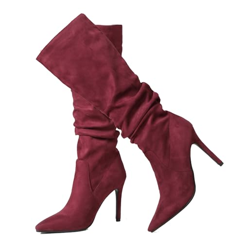 Ceciloroda DaHerren Knee Hohe Stiefel Red Slouchy Ruched Wide Calf Fall Schuhe Pointed Toe Pull On Dressy Stiefel Stiletto Gemütlich Size 37 von Ceciloroda
