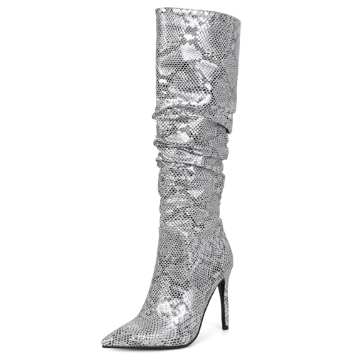 Ceciloroda DaHerren Knee Hohe Stiefel Silver Slouchy Ruched Wide Calf Fall Schuhe Pointed Toe Pull On Dressy Stiefel Stiletto Gemütlich Size 34 von Ceciloroda