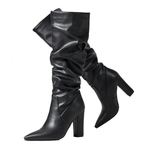 Ceciloroda DaHerren Knee Hohe Stiefel Slouchy Ruched Wide Calf Fall Schuhe Pointed Toe Pull On Dressy Stiefel Block High Heel Gemütlich Black Size 36 von Ceciloroda