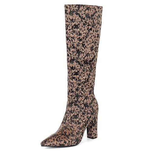 Ceciloroda DaHerren Knee Hohe Stiefel Slouchy Ruched Wide Calf Fall Schuhe Pointed Toe Pull On Dressy Stiefel Block High Heel Gemütlich Khaki Size 36 von Ceciloroda
