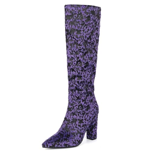 Ceciloroda DaHerren Knee Hohe Stiefel Slouchy Ruched Wide Calf Fall Schuhe Pointed Toe Pull On Dressy Stiefel Block High Heel Gemütlich Purple Size 38 von Ceciloroda