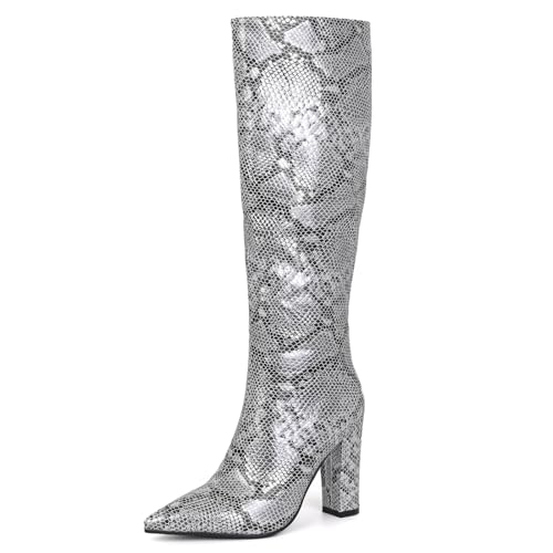 Ceciloroda DaHerren Knee Hohe Stiefel Slouchy Ruched Wide Calf Fall Schuhe Pointed Toe Pull On Dressy Stiefel Block High Heel Gemütlich Silver Size 43 von Ceciloroda