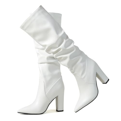 Ceciloroda DaHerren Knee Hohe Stiefel Slouchy Ruched Wide Calf Fall Schuhe Pointed Toe Pull On Dressy Stiefel Block High Heel Gemütlich White Size 34 von Ceciloroda