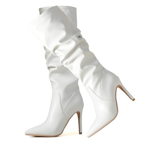 Ceciloroda DaHerren Knee Hohe Stiefel White Slouchy Ruched Wide Calf Fall Schuhe Pointed Toe Pull On Dressy Stiefel Stiletto Gemütlich Size 42 von Ceciloroda