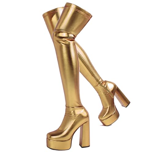 Ceciloroda DaHerren Over-the-Kniestiefel Plateau Blockabsatz Thigh Hohe Stiefel Stretch Botas para Mujer Pole Dance Stripper Gold Size 41 von Ceciloroda