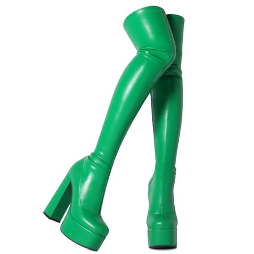 Ceciloroda DaHerren Over-the-Kniestiefel Plateau Blockabsatz Thigh Hohe Stiefel Stretch Botas para Mujer Pole Dance Stripper Green Size 39 von Ceciloroda