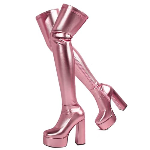 Ceciloroda DaHerren Over-the-Kniestiefel Plateau Blockabsatz Thigh Hohe Stiefel Stretch Botas para Mujer Pole Dance Stripper Pink Size 38 von Ceciloroda