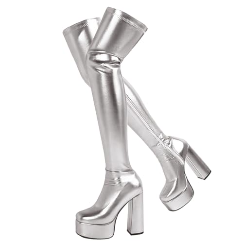 Ceciloroda DaHerren Over-the-Kniestiefel Plateau Blockabsatz Thigh Hohe Stiefel Stretch Botas para Mujer Pole Dance Stripper Silver Size 38 von Ceciloroda