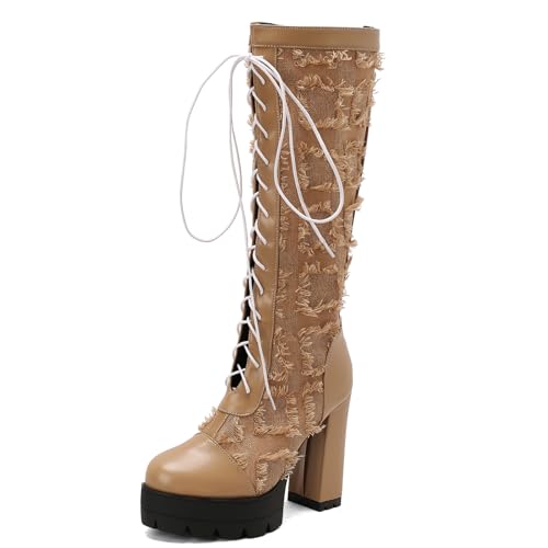 Ceciloroda DaHerren Plateau Stiefel Knee High Absatz Chunky Schnüren Mesh Hohe Stiefel Gotisch Party Heels Motorcycle Mode Schuhe Apricot Size 35 von Ceciloroda