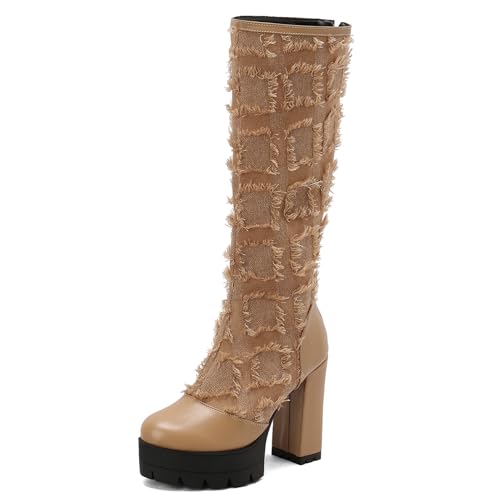 Ceciloroda DaHerren Plateau Stiefel Knee High Absatz Chunky Schnüren Mesh Hohe Stiefel Gotisch Party Heels Motorcycle Mode Schuhe Apricot Size 44 von Ceciloroda
