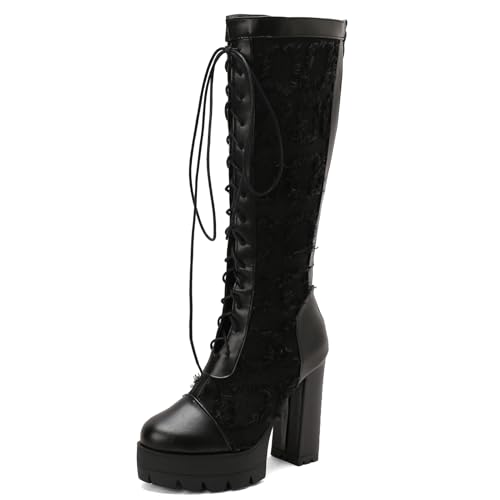 Ceciloroda DaHerren Plateau Stiefel Knee High Absatz Chunky Schnüren Mesh Hohe Stiefel Gotisch Party Heels Motorcycle Mode Schuhe Black Size 35 von Ceciloroda
