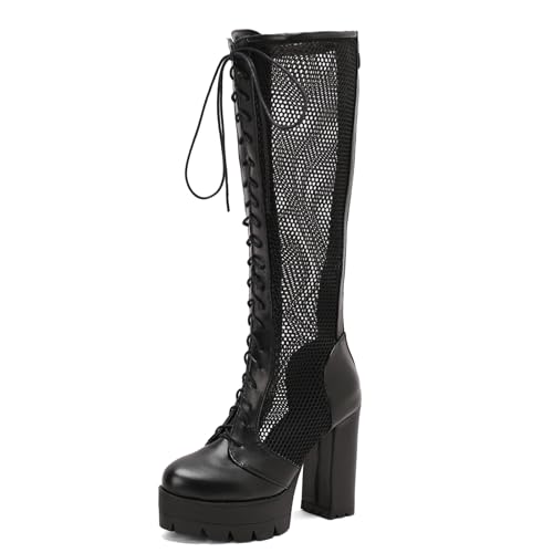 Ceciloroda DaHerren Plateau Stiefel Knee High Absatz Chunky Schnüren Mesh Hohe Stiefel Gotisch Party Heels Motorcycle Mode Schuhe Black Size 46 von Ceciloroda
