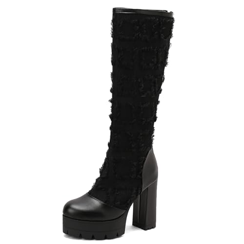 Ceciloroda DaHerren Plateau Stiefel Knee High Absatz Chunky Schnüren Mesh Hohe Stiefel Gotisch Party Heels Motorcycle Mode Schuhe Black Size 46 von Ceciloroda