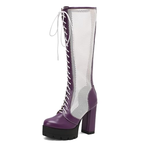 Ceciloroda DaHerren Plateau Stiefel Knee High Absatz Chunky Schnüren Mesh Hohe Stiefel Gotisch Party Heels Motorcycle Mode Schuhe Purple Size 38 von Ceciloroda