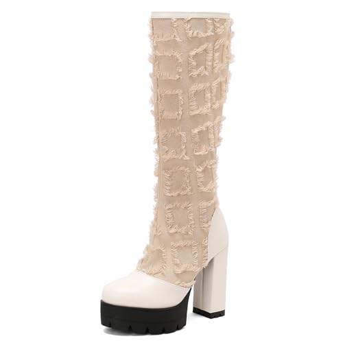 Ceciloroda DaHerren Plateau Stiefel Knee High Absatz Chunky Schnüren Mesh Hohe Stiefel Gotisch Party Heels Motorcycle Mode Schuhe White Size 39 von Ceciloroda