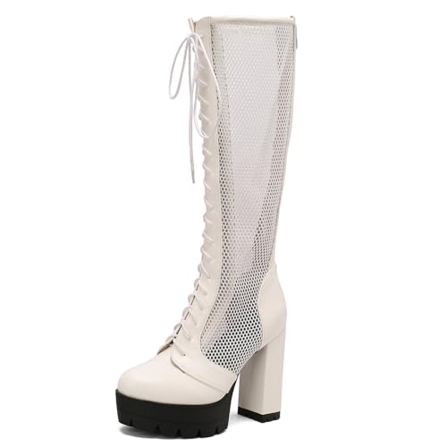 Ceciloroda DaHerren Plateau Stiefel Knee High Absatz Chunky Schnüren Mesh Hohe Stiefel Gotisch Party Heels Motorcycle Mode Schuhe White Size 43 von Ceciloroda