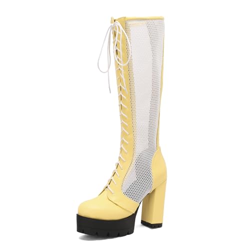 Ceciloroda DaHerren Plateau Stiefel Knee High Absatz Chunky Schnüren Mesh Hohe Stiefel Gotisch Party Heels Motorcycle Mode Schuhe Yellow Size 40 von Ceciloroda