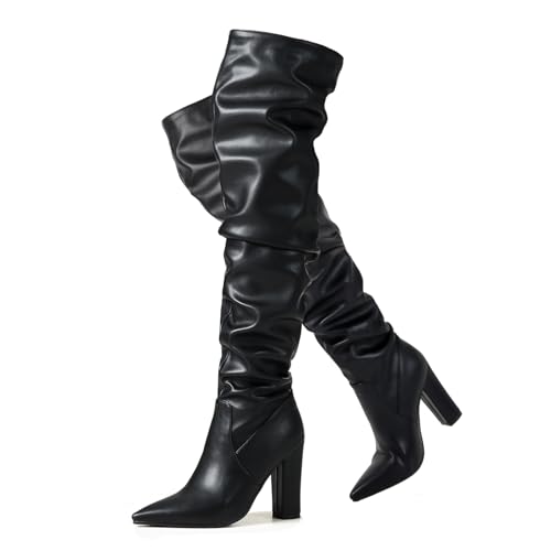 Ceciloroda DaHerren Thigh Hohe Stiefel Black Slouchy Ruched Wide Calf Fall Schuhe Pointed Toe Pull On Dressy OverKniestiefel Blockabsatz Size 38 von Ceciloroda