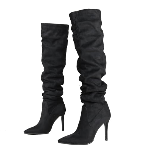 Ceciloroda DaHerren Thigh Hohe Stiefel Black Slouchy Ruched Wide Calf Fall Schuhe Pointed Toe Pull On Dressy OverKniestiefel Stiletto Höhe Ferse Size 37 von Ceciloroda