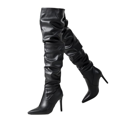 Ceciloroda DaHerren Thigh Hohe Stiefel Black Slouchy Ruched Wide Calf Fall Schuhe Pointed Toe Pull On Dressy OverKniestiefel Stiletto Höhe Ferse Size 42 von Ceciloroda