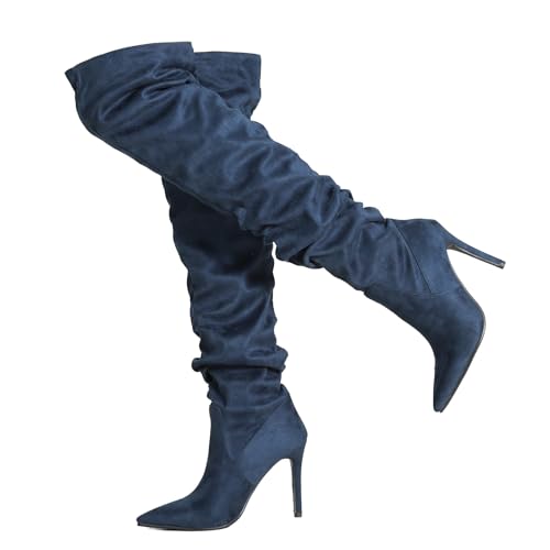 Ceciloroda DaHerren Thigh Hohe Stiefel Blue Slouchy Ruched Wide Calf Fall Schuhe Pointed Toe Pull On Dressy OverKniestiefel Stiletto Höhe Ferse Size 36 von Ceciloroda