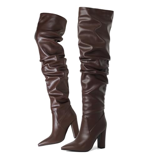 Ceciloroda DaHerren Thigh Hohe Stiefel Brown Slouchy Ruched Wide Calf Fall Schuhe Pointed Toe Pull On Dressy OverKniestiefel Blockabsatz Size 36 von Ceciloroda