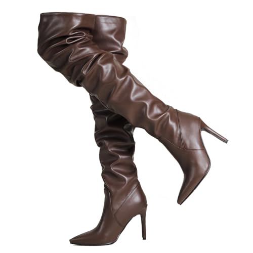 Ceciloroda DaHerren Thigh Hohe Stiefel Brown Slouchy Ruched Wide Calf Fall Schuhe Pointed Toe Pull On Dressy OverKniestiefel Stiletto Höhe Ferse Size 41 von Ceciloroda