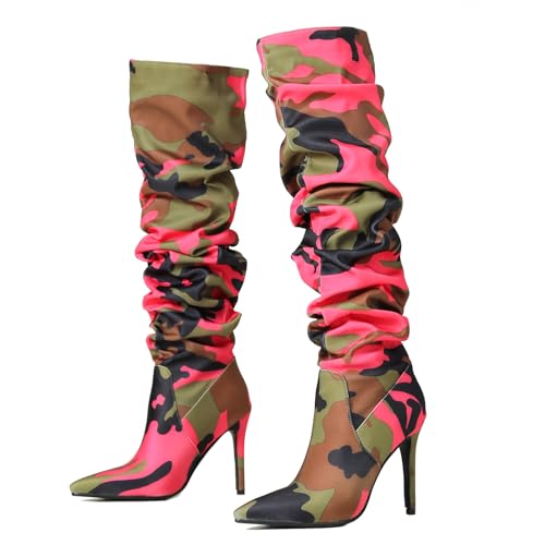 Ceciloroda DaHerren Thigh Hohe Stiefel Cherry Slouchy Ruched Wide Calf Fall Schuhe Pointed Toe Pull On Dressy OverKniestiefel Stiletto Höhe Ferse Size 41 von Ceciloroda