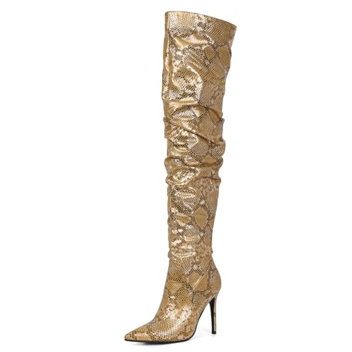 Ceciloroda DaHerren Thigh Hohe Stiefel Gold Slouchy Ruched Wide Calf Fall Schuhe Pointed Toe Pull On Dressy OverKniestiefel Stiletto Höhe Ferse Size 39 von Ceciloroda