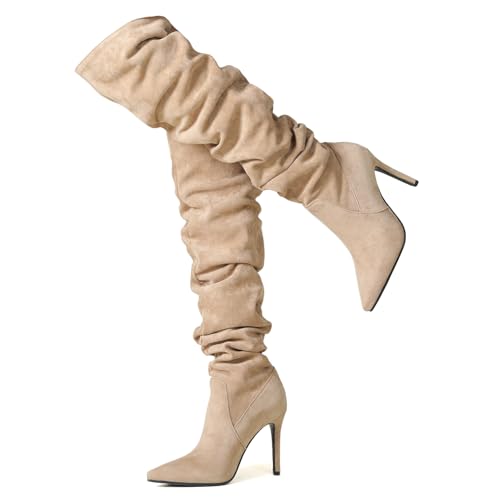 Ceciloroda DaHerren Thigh Hohe Stiefel Khaki Slouchy Ruched Wide Calf Fall Schuhe Pointed Toe Pull On Dressy OverKniestiefel Stiletto Höhe Ferse Size 39 von Ceciloroda