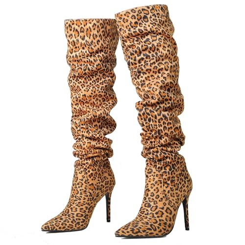Ceciloroda DaHerren Thigh Hohe Stiefel Leopard Slouchy Ruched Wide Calf Fall Schuhe Pointed Toe Pull On Dressy OverKniestiefel Stiletto Höhe Ferse Size 37 von Ceciloroda