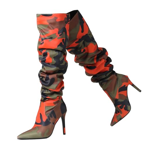 Ceciloroda DaHerren Thigh Hohe Stiefel Orange Slouchy Ruched Wide Calf Fall Schuhe Pointed Toe Pull On Dressy OverKniestiefel Stiletto Höhe Ferse Size 43 von Ceciloroda