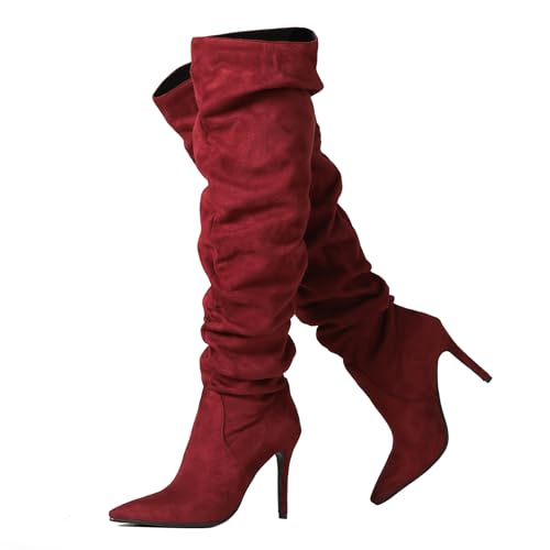 Ceciloroda DaHerren Thigh Hohe Stiefel Red Slouchy Ruched Wide Calf Fall Schuhe Pointed Toe Pull On Dressy OverKniestiefel Stiletto Höhe Ferse Size 37 von Ceciloroda