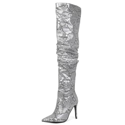 Ceciloroda DaHerren Thigh Hohe Stiefel Silver Slouchy Ruched Wide Calf Fall Schuhe Pointed Toe Pull On Dressy OverKniestiefel Stiletto Höhe Ferse Size 34 von Ceciloroda