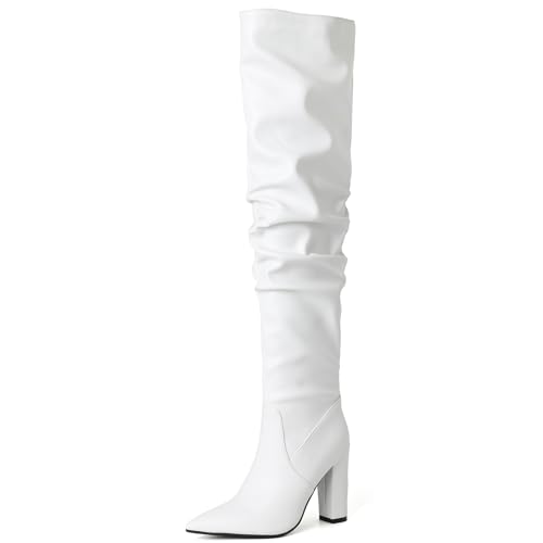 Ceciloroda DaHerren Thigh Hohe Stiefel White Slouchy Ruched Wide Calf Fall Schuhe Pointed Toe Pull On Dressy OverKniestiefel Blockabsatz Size 41 Ceciloroda DaHerren Thigh Hohe Stiefel White Slouchy Ruched Wide Calf Fall Schuhe Pointed Toe Pull On Dressy OverKniestiefel Blockabsatz Size 41 von Ceciloroda