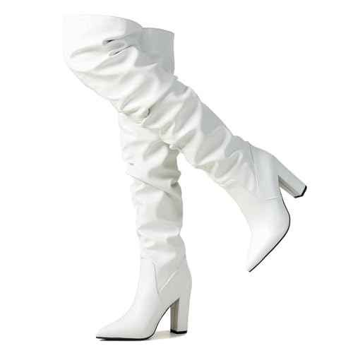 Ceciloroda DaHerren Thigh Hohe Stiefel White Slouchy Ruched Wide Calf Fall Schuhe Pointed Toe Pull On Dressy OverKniestiefel Blockabsatz Size 43 von Ceciloroda