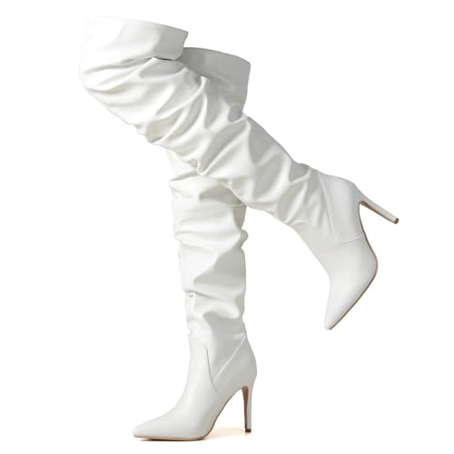 Ceciloroda DaHerren Thigh Hohe Stiefel White Slouchy Ruched Wide Calf Fall Schuhe Pointed Toe Pull On Dressy OverKniestiefel Stiletto Höhe Ferse Size 42 von Ceciloroda