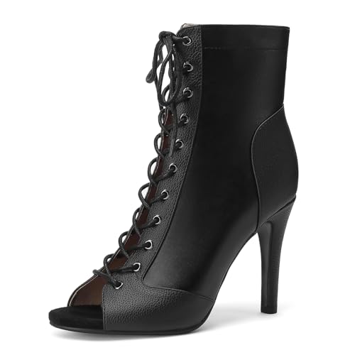 Ceciloroda Damen Heeled Burju Dance Schuhe Peep Toe Mesh Stiefeletten Stiletto Gladiator Sandalen Comfy Dressy Sandalen Ballrrom Schnüren Black Size 40 von Ceciloroda