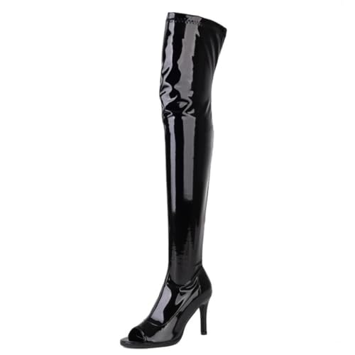 Ceciloroda Damen Overknee Stiefel Peep Toe Stiletto Stretch Thigh Hohe Stiefel Lack Pole Stripper Dance Heels Boots Black Size 46 von Ceciloroda