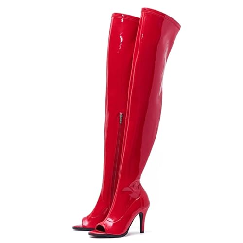 Ceciloroda Damen Overknee Stiefel Peep Toe Stiletto Stretch Thigh Hohe Stiefel Lack Pole Stripper Dance Heels Boots Red Size 34 von Ceciloroda