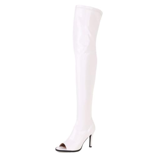 Ceciloroda Damen Overknee Stiefel Peep Toe Stiletto Stretch Thigh Hohe Stiefel Lack Pole Stripper Dance Heels Boots White Size 44 von Ceciloroda