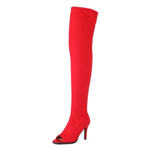 Ceciloroda Damen Overknee Stiefel Peep Toe Stiletto Stretch Thigh Hohe Stiefel Wildleder Pole Stripper Dance Heels Boots Red Size 38 von Ceciloroda