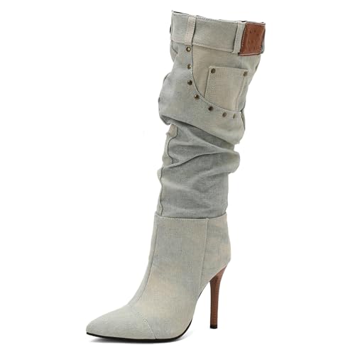 Ceciloroda Fancy Denim Dressy Stiefel Jeans Pants Slouch Stiletto Old Style Pointed Toe Fall Stiefel Pleated Jeans Party Heels Ligh-Blue Plus Size 43 von Ceciloroda