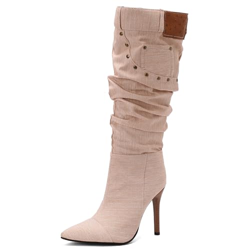 Ceciloroda Fancy Denim Dressy Stiefel Jeans Pants Slouch Stiletto Old Style Pointed Toe Fall Stiefel Pleated Jeans Party Heels Pink Plus Size 47 von Ceciloroda