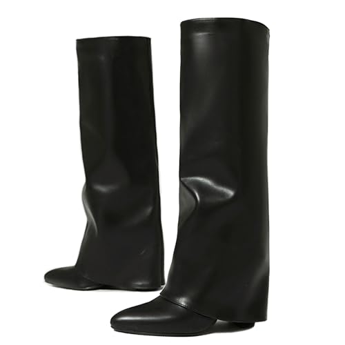 Ceciloroda Fold Over Stiefel Knee High für Damen Chunky Absatz Lange Stiefel Wide Calf Dressy Pointed Toe Slouch Boots Black Size 37 von Ceciloroda