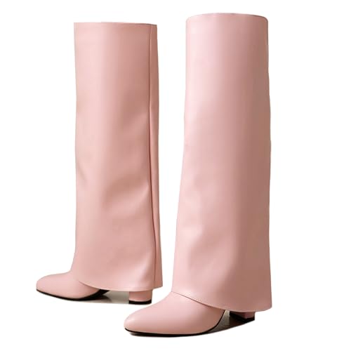 Ceciloroda Fold Over Stiefel Knee High für Damen Chunky Absatz Lange Stiefel Wide Calf Dressy Pointed Toe Slouch Boots Pink Size 43 von Ceciloroda