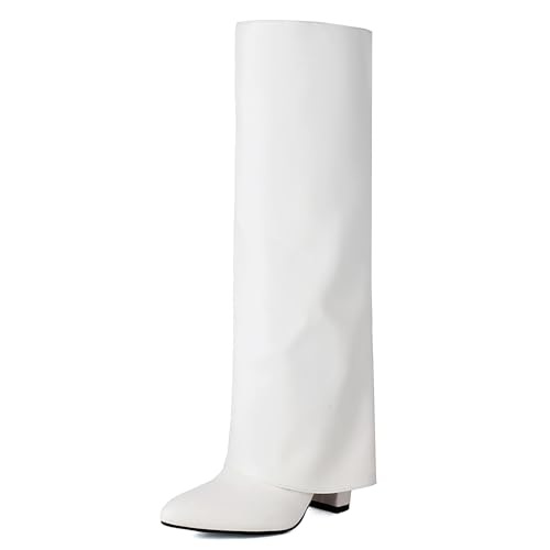 Ceciloroda Fold Over Stiefel Knee High für Damen Chunky Absatz Lange Stiefel Wide Calf Dressy Pointed Toe Slouch Boots White Size 36 von Ceciloroda