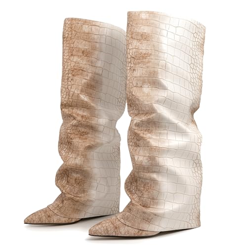 Ceciloroda Fold Over Stiefel Slouch Block Heels Dressy Kniestiefel für Damen Shark Stiefel Pointed Toe Wide Calf Pull on Pleated Fall Schuhe Apricot Size 38 von Ceciloroda