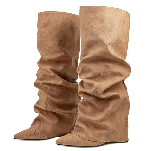 Ceciloroda Fold Over Stiefel Slouch Block Heels Dressy Kniestiefel für Damen Shark Stiefel Pointed Toe Wide Calf Pull on Pleated Fall Schuhe Apricot Size 41 von Ceciloroda