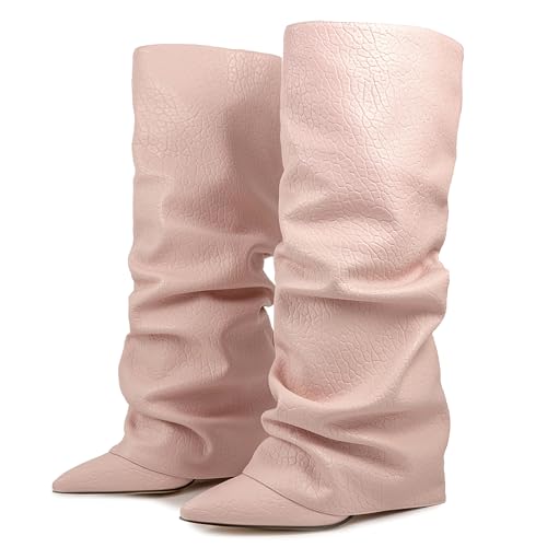 Ceciloroda Fold Over Stiefel Slouch Block Heels Dressy Kniestiefel für Damen Shark Stiefel Pointed Toe Wide Calf Pull on Pleated Fall Schuhe Pink Size 39 von Ceciloroda
